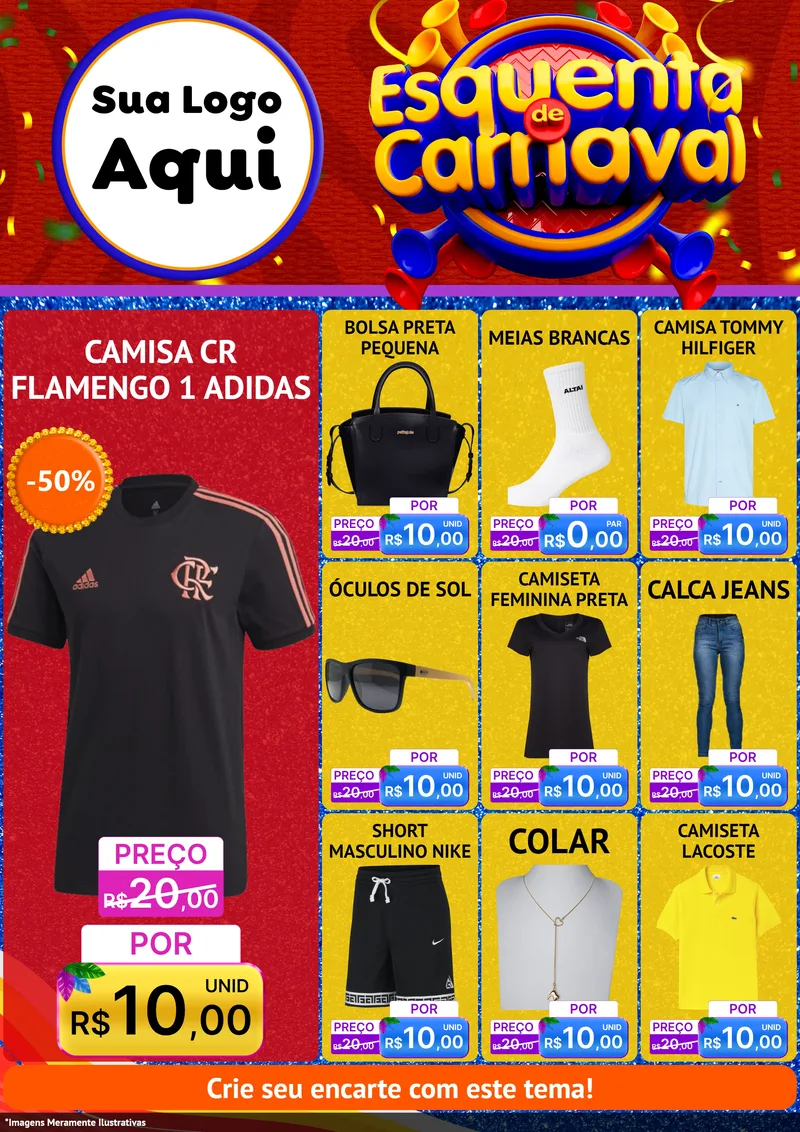 Modelo de Encarte para Encarte A4 Vertical com o tema Esquenta de Carnaval para Roupas e acessórios