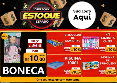 Modelo de Encarte para Encarte A4 Horizontal com o tema Operação Estoque Zerado para Brinquedos