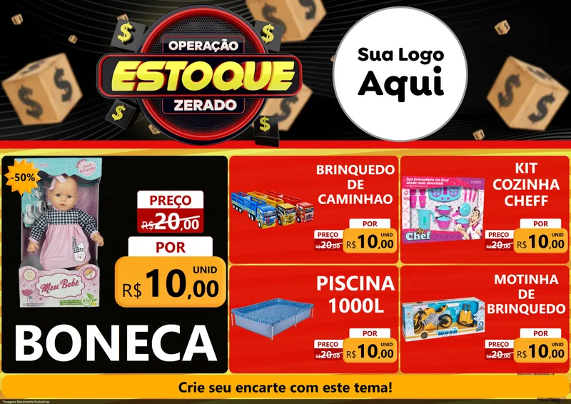 Modelo de Encarte para Encarte A4 Horizontal com o tema Operação Estoque Zerado para Brinquedos