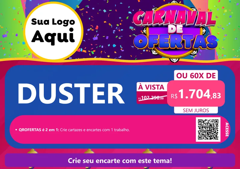 Modelo de Cartaz para Cartaz A4 Horizontal com o tema Carnaval de Ofertas para Concessionaria de Carros