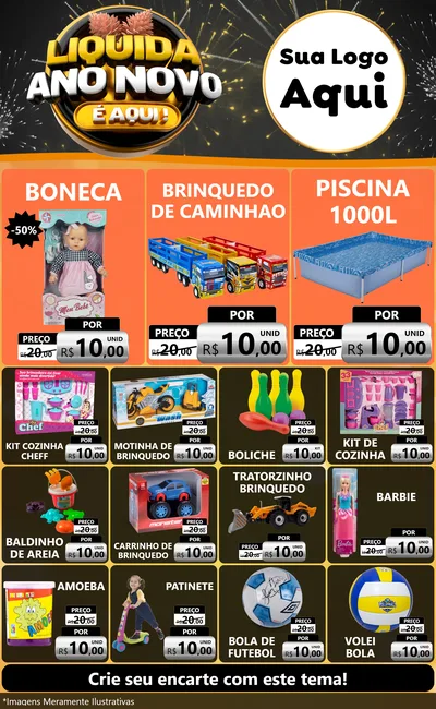 Modelo de Encarte para Encarte Grande com o tema Liquida Ano Novo É Aqui! para Brinquedos