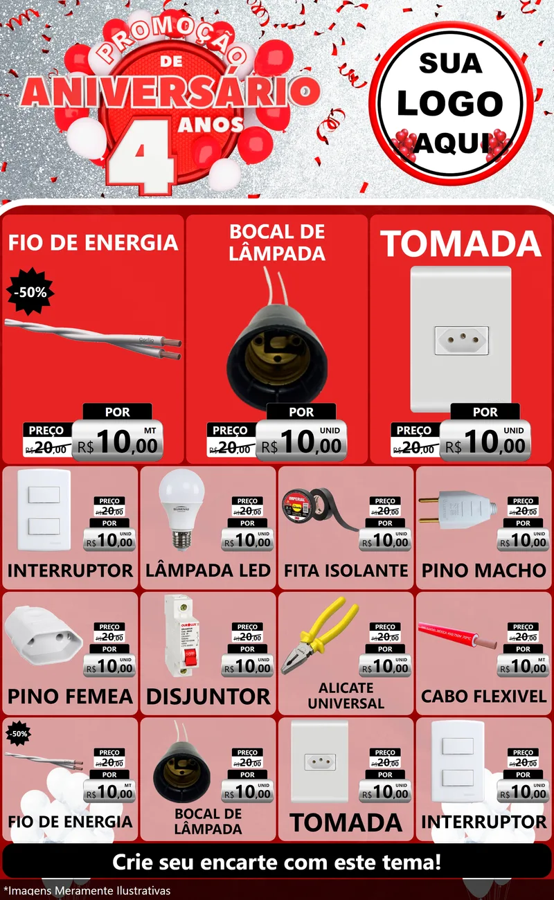 Modelo de Encarte para Encarte Grande com o tema Promoção de Aniversário - 4 Anos para Materiais Elétricos