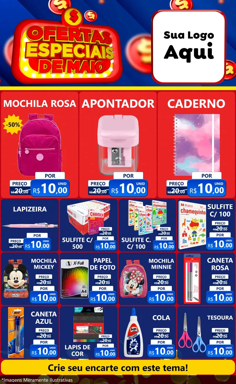 Modelo de Encarte para Encarte Grande com o tema Ofertas Especiais de Maio para Papelaria