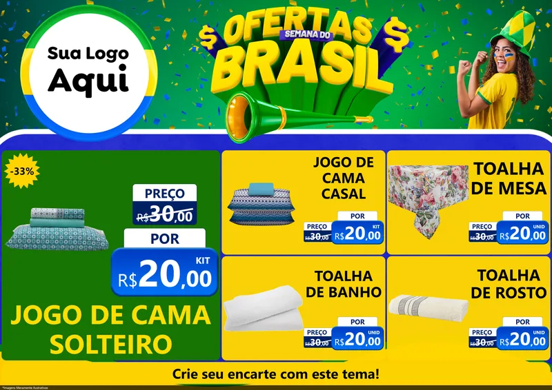 Modelo de Encarte para Encarte A4 Horizontal com o tema Ofertas Semana do Brasil para Cama, Mesa e Banho