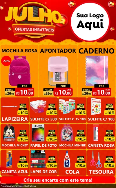 Modelo de Encarte para Encarte Grande com o tema Julho Ofertas Imbatíveis para Papelaria