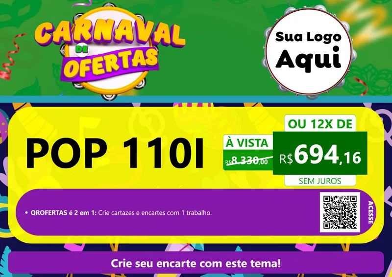 Modelo de Cartaz para Cartaz A4 Horizontal com o tema Carnaval de Ofertas para Concessionaria de Motos