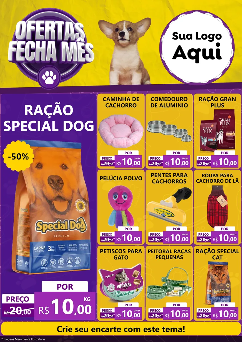 Modelo de Encarte para Encarte A4 Vertical com o tema Ofertas Fecha Mês - Pet Shop para Pet Shop