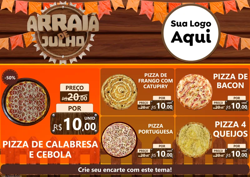 Modelo de Encarte para Encarte A4 Horizontal com o tema Arraiá de Julho - Junina para Pizzaria
