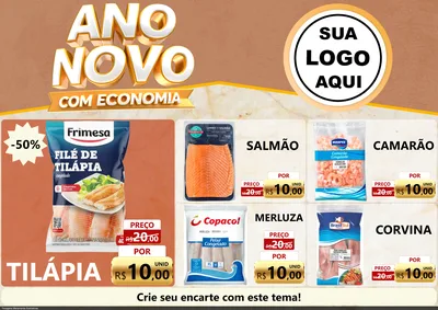 Modelo de Encarte para Encarte A4 Horizontal com o tema Ano Novo Com Economia para Peixaria