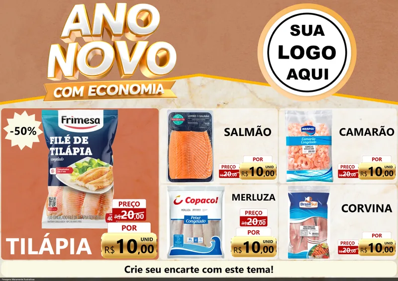 Modelo de Encarte para Encarte A4 Horizontal com o tema Ano Novo Com Economia para Peixaria