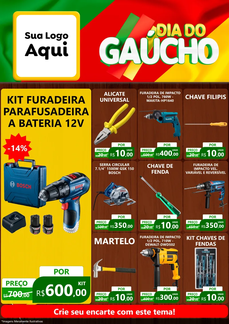 Modelo de Encarte para Encarte A4 Vertical com o tema Dia do Gaúcho para Maquinas e Ferramentas