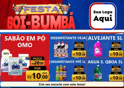 Modelo de Encarte para Encarte A4 Horizontal com o tema Festa Boi Bumbá para Produtos de Limpeza