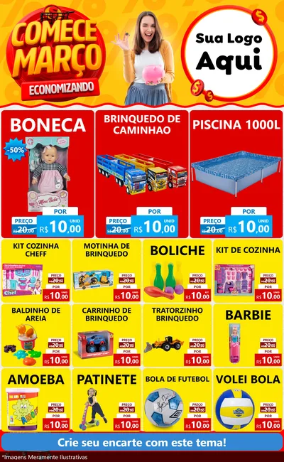 Modelo de Encarte para Encarte Grande com o tema Comece Março Economizando para Brinquedos