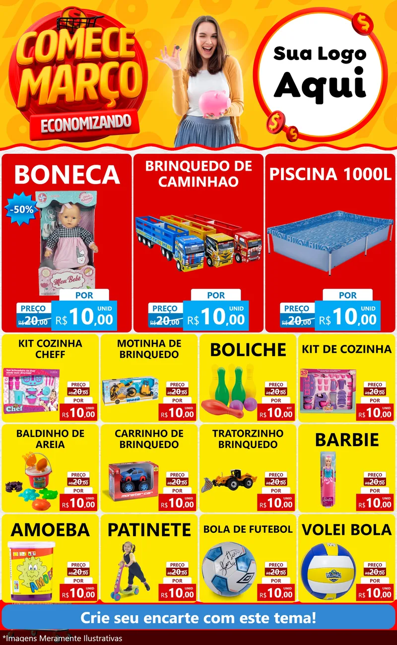 Modelo de Encarte para Encarte Grande com o tema Comece Março Economizando para Brinquedos