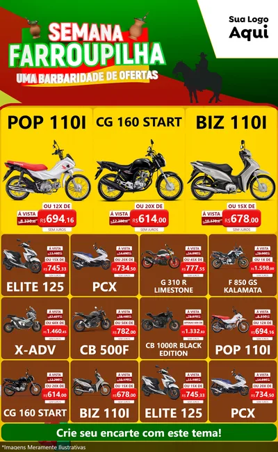 Modelo de Encarte para Encarte Grande com o tema Semana Farroupilha - Uma Barbaridade de Ofertas para Concessionaria de Motos