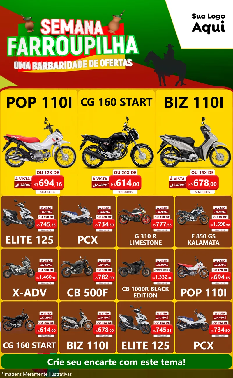 Modelo de Encarte para Encarte Grande com o tema Semana Farroupilha - Uma Barbaridade de Ofertas para Concessionaria de Motos
