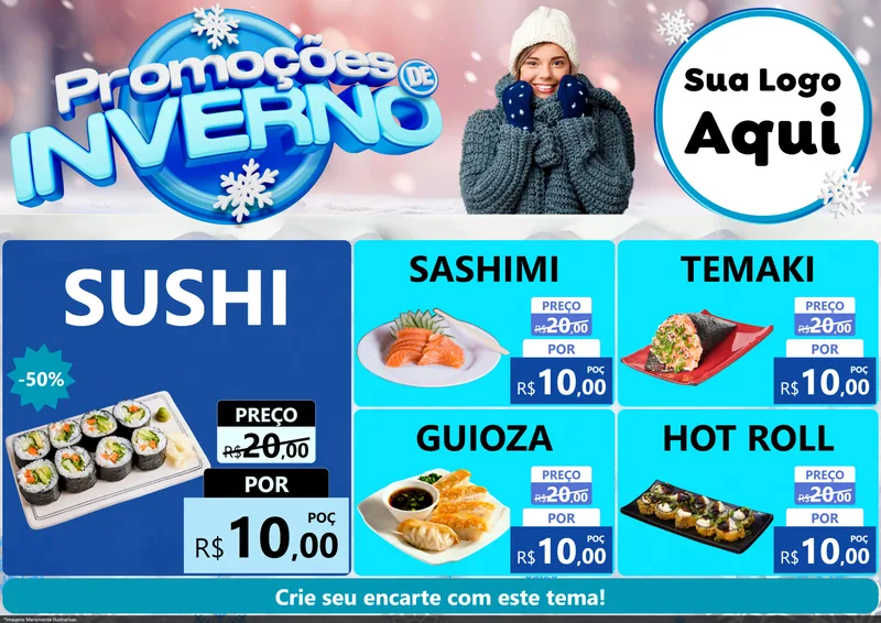 Modelo de Encarte para Encarte A4 Horizontal com o tema Promoções de Inverno para Comida japonesa