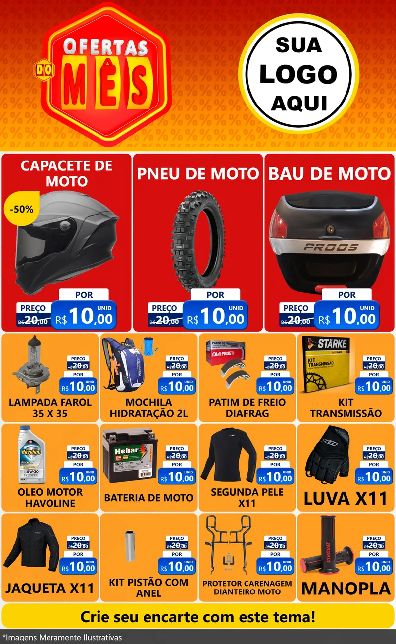 Modelo de Encarte para Encarte Grande com o tema Ofertas do Mês para Moto peças