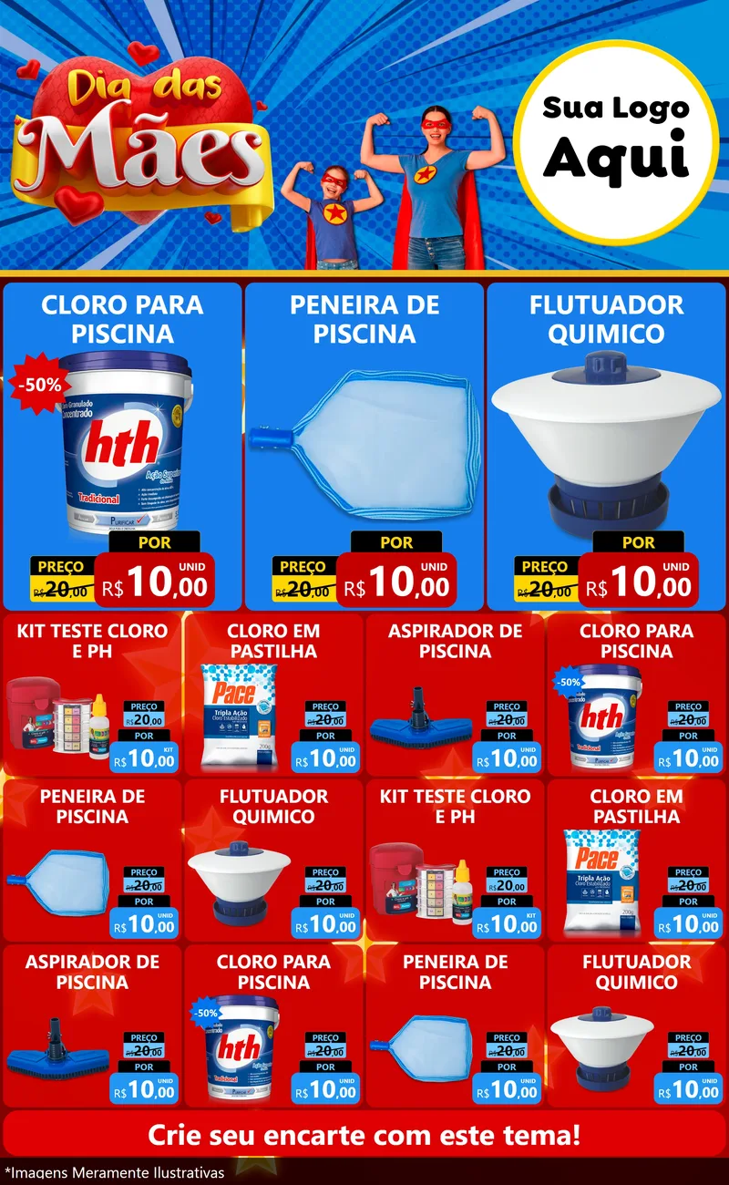 Modelo de Encarte para Encarte Grande com o tema Dia das Mães para Produtos para Piscina