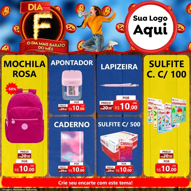 Modelo de Rede Social para Feed Facebook com o tema Dia F - O Dia Mais Barato Do Mês para Papelaria