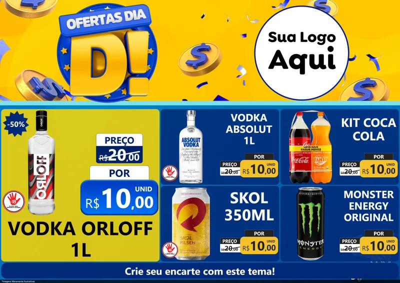 Modelo de Encarte para Encarte A4 Horizontal com o tema Ofertas Dia D para Distribuidora de bebidas