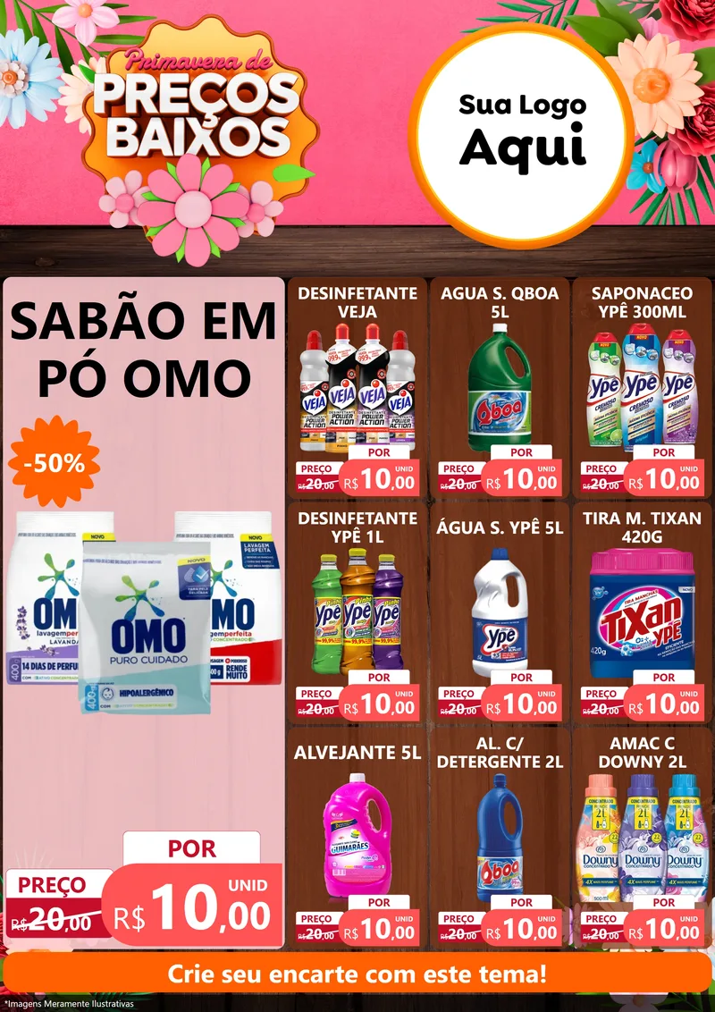 Modelo de Encarte para Encarte A4 Vertical com o tema Primavera de Preços Baixos para Produtos de Limpeza