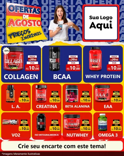 Modelo de Rede Social para Feed Instagram com o tema Ofertas de Agosto - Preços Incríveis para Suplementos alimentares