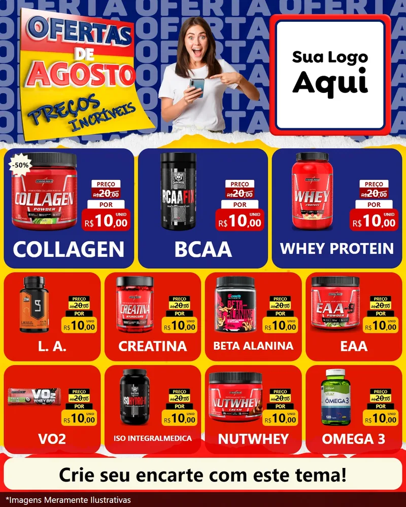 Modelo de Rede Social para Feed Instagram com o tema Ofertas de Agosto - Preços Incríveis para Suplementos alimentares