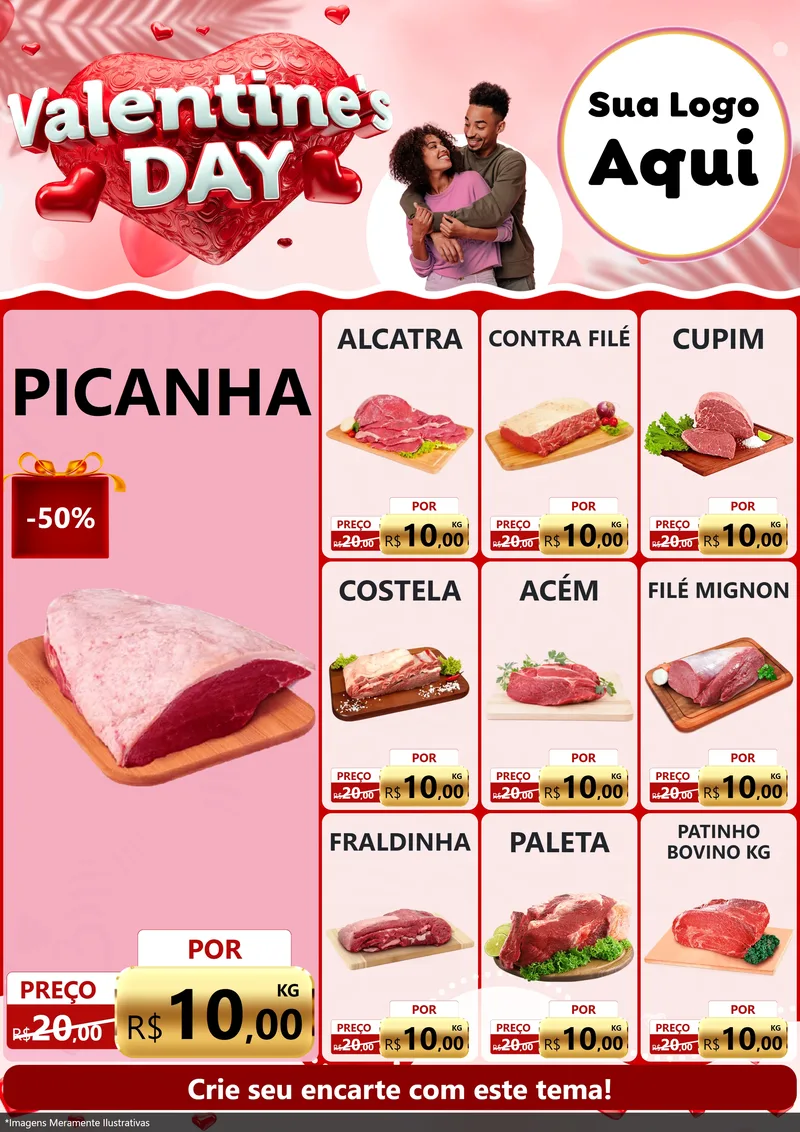 Modelo de Encarte para Encarte A4 Vertical com o tema Valentine's Day para Açougue