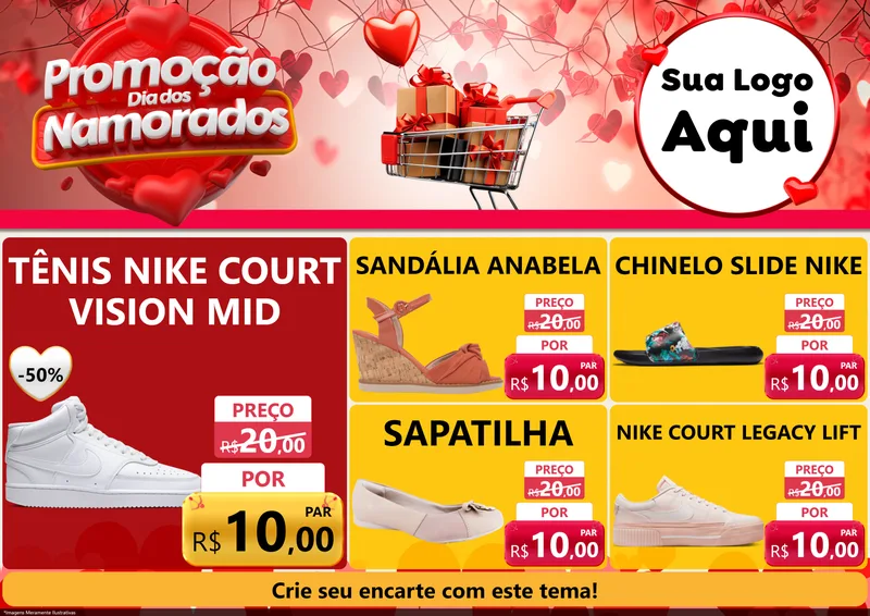Modelo de Encarte para Encarte A4 Horizontal com o tema Promoção Dia dos Namorados para Calçados