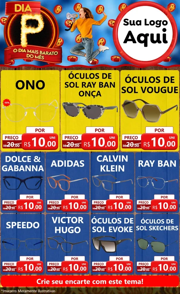 Modelo de Encarte para Encarte Grande com o tema Dia P - O Dia Mais Barato Do Mês para Óticas