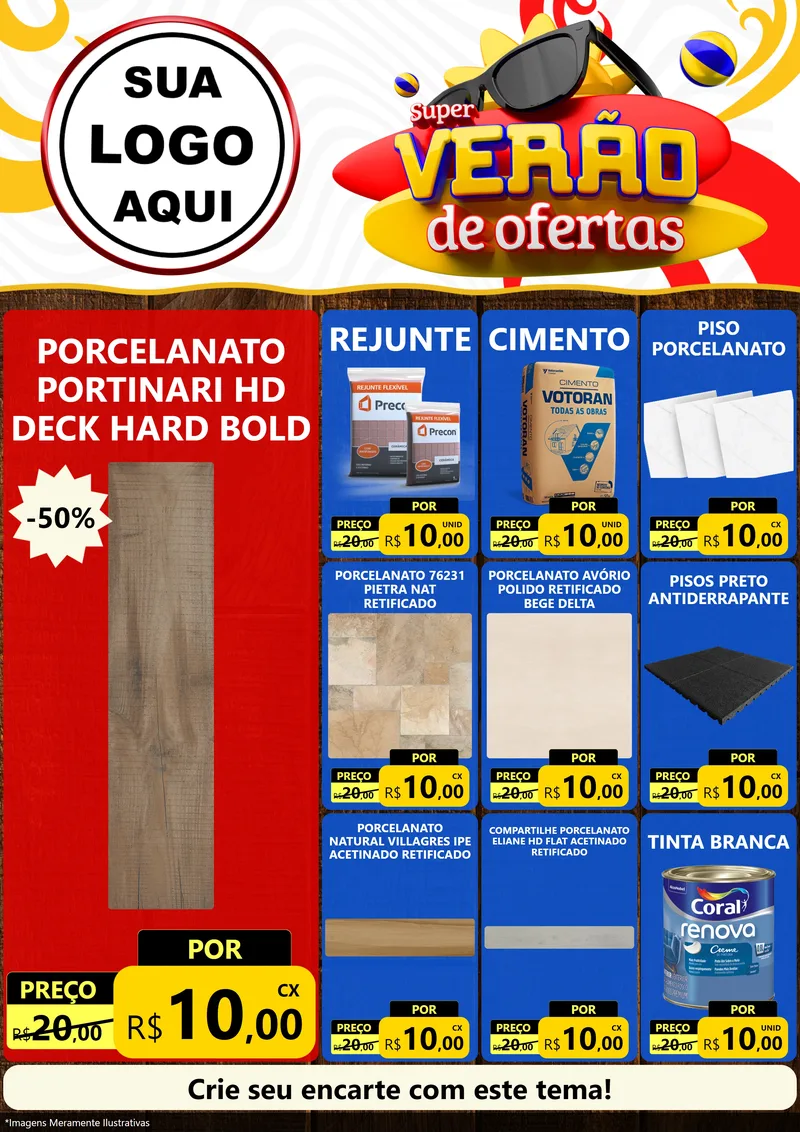 Modelo de Encarte para Encarte A4 Vertical com o tema Super Verão de Ofertas para Pisos e revestimentos