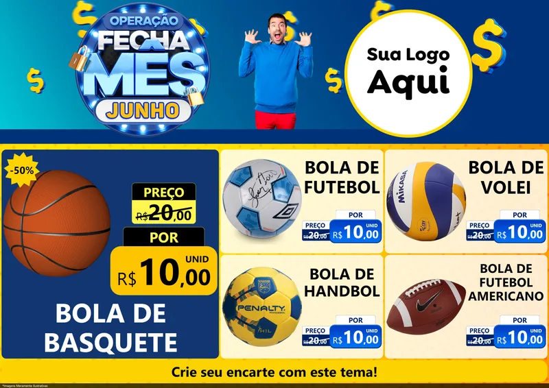 Modelo de Encarte para Encarte A4 Horizontal com o tema Operação Fecha Mês, Junho para Artigos Esportivos