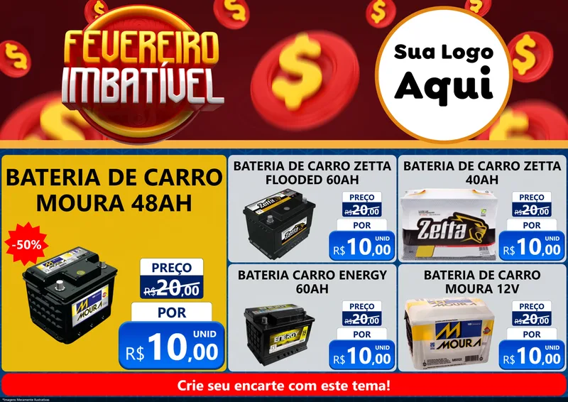 Modelo de Encarte para Encarte A4 Horizontal com o tema Fevereiro Imbatível para Baterias Elétricas