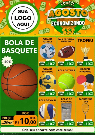 Modelo de Encarte para Encarte A4 Vertical com o tema Comece Agosto Economizando para Artigos Esportivos