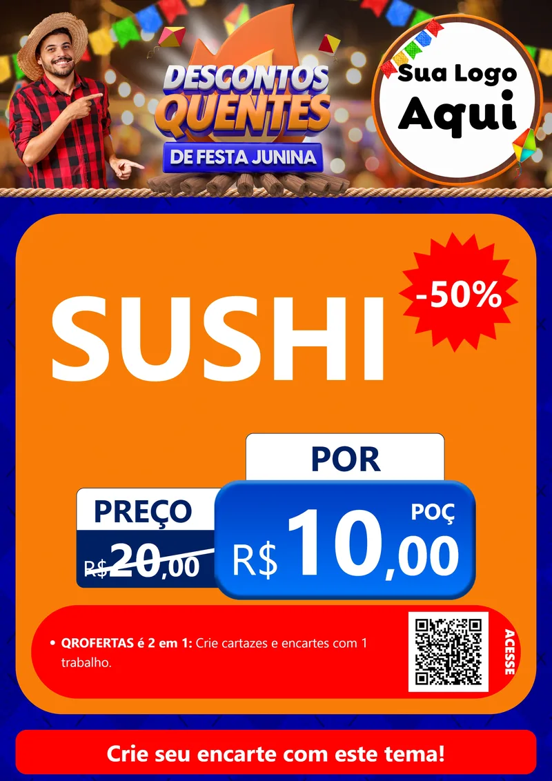 Modelo de Cartaz para Cartaz A4 Vertical com o tema Descontos Quentes de Festa Junina para Comida japonesa