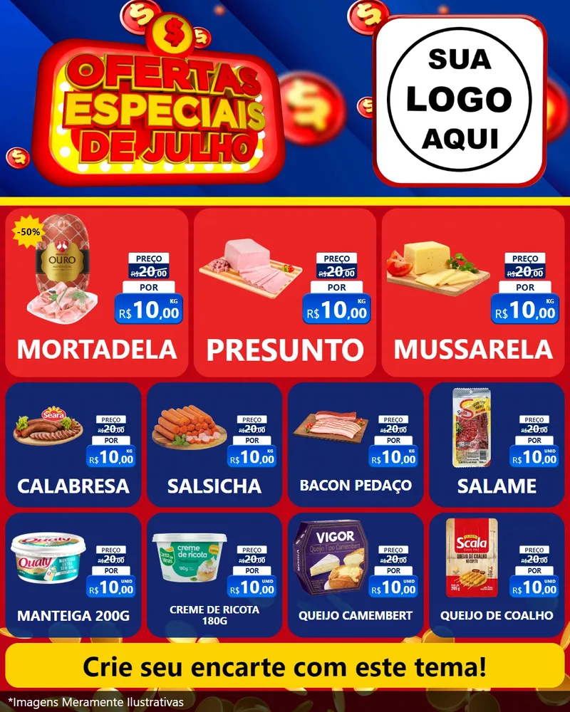 Modelo de Rede Social para Feed Instagram com o tema Ofertas Especiais de Julho para Frios e Laticínios