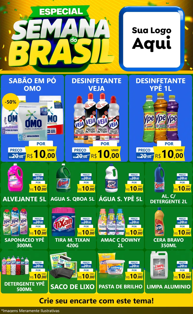 Modelo de Encarte para Encarte Grande com o tema Especial Semana do Brasil para Produtos de Limpeza