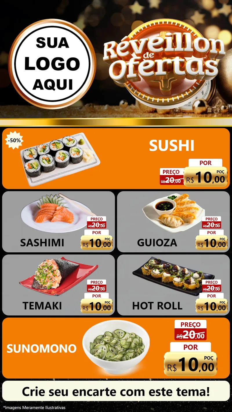 Modelo de TV para TV Vertical com o tema Réveillon de Ofertas para Comida japonesa