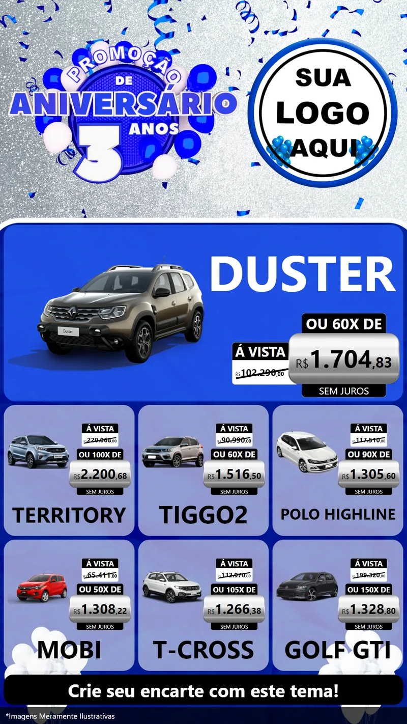 Modelo de Rede Social para Stories com o tema Promoção de Aniversário - 3 Anos para Concessionaria de Carros