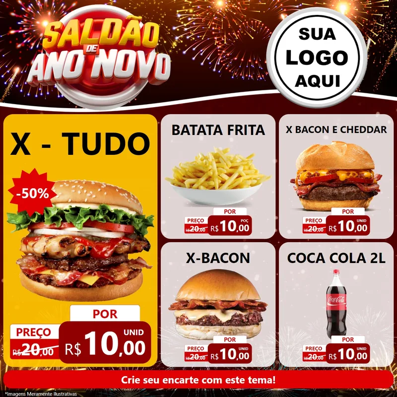 Modelo de Rede Social para Feed Facebook com o tema Saldão de Ano Novo para Hamburgueria