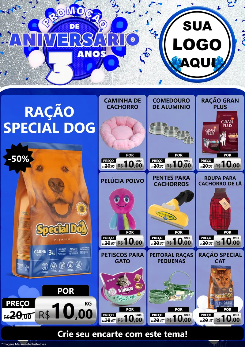 Modelo de Encarte para Encarte A4 Vertical com o tema Promoção de Aniversário - 3 Anos para Pet Shop
