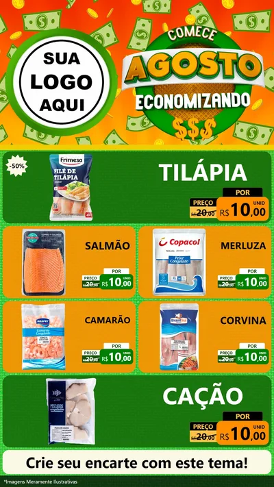 Modelo de TV para TV Vertical com o tema Comece Agosto Economizando para Peixaria