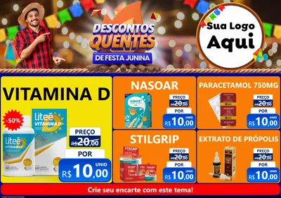 Modelo de Encarte para Encarte A4 Horizontal com o tema Descontos Quentes de Festa Junina para Farmácia