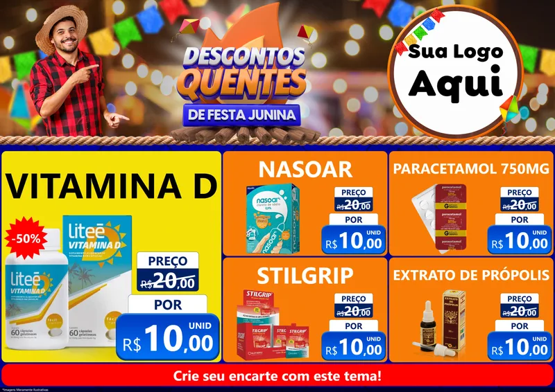 Modelo de Encarte para Encarte A4 Horizontal com o tema Descontos Quentes de Festa Junina para Farmácia
