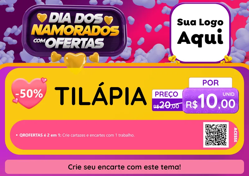 Modelo de Cartaz para Cartaz A4 Horizontal com o tema Dia Dos Namorados Com Ofertas para Peixaria