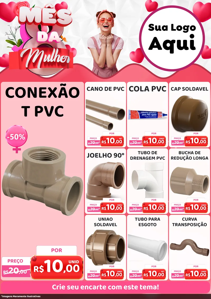 Modelo de Encarte para Encarte A4 Vertical com o tema Mês da Mulher para Tubos e conexões