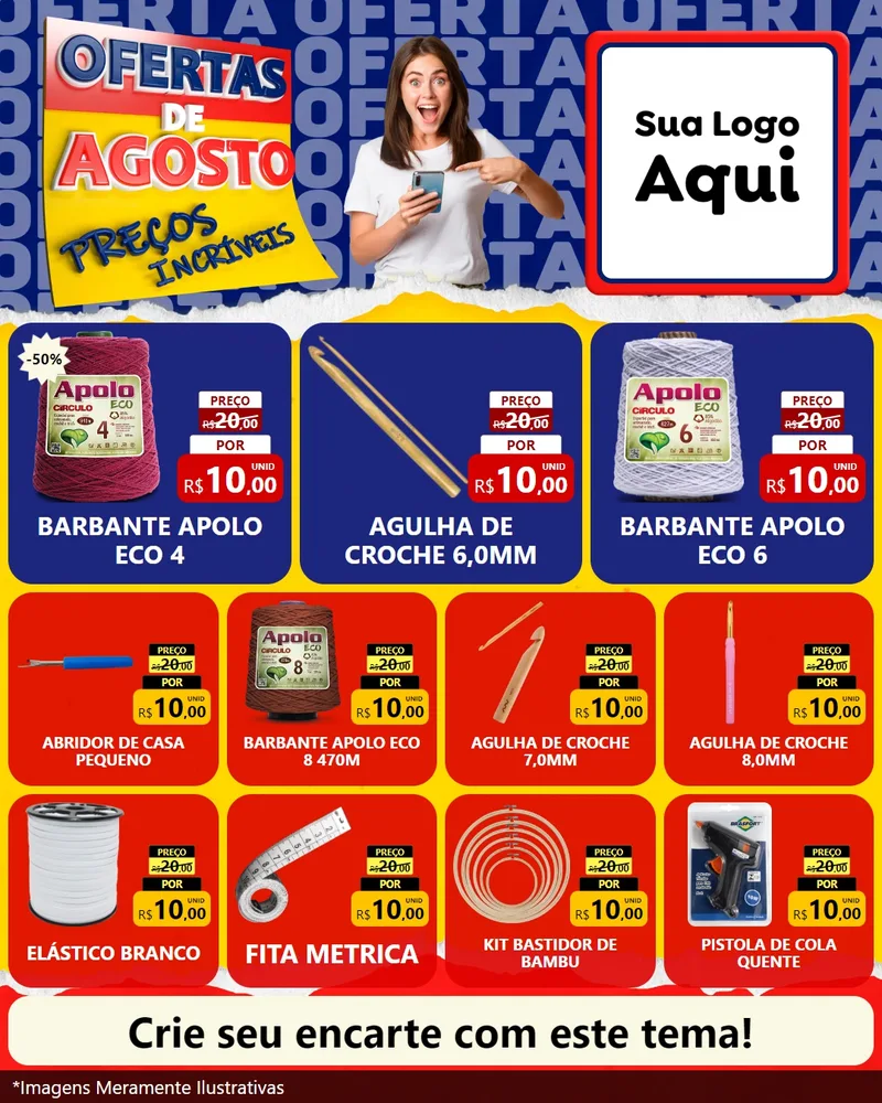 Modelo de Rede Social para Feed Instagram com o tema Ofertas de Agosto - Preços Incríveis para Armarinho e Aviamentos