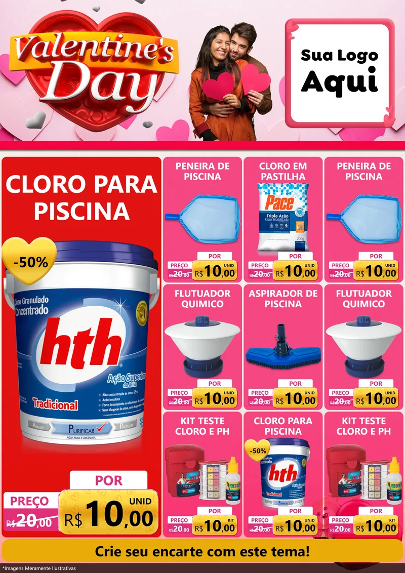Modelo de Encarte para Encarte A4 Vertical com o tema Valentine's Day para Produtos para Piscina