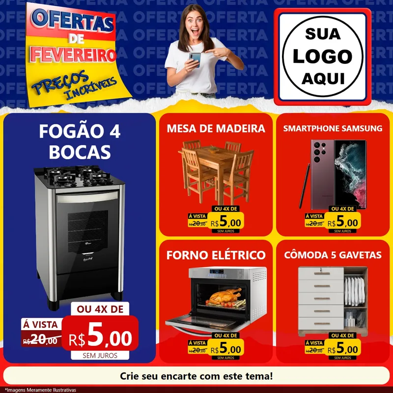 Modelo de Rede Social para Feed Facebook com o tema Ofertas de Fevereiro - Preços Incríveis para Móveis e Eletro